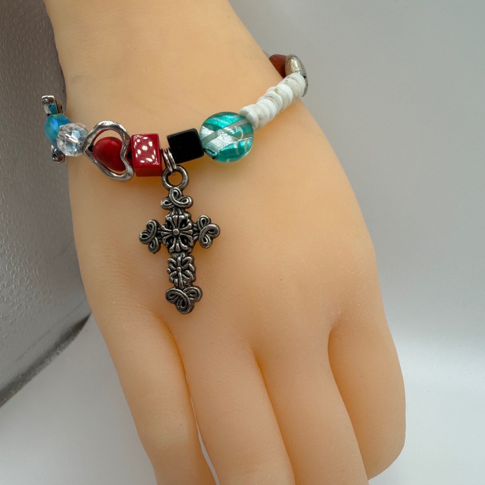 Silver Tone Jesus Story Charm Bracelet Butterfly Moon Fish Beads Multicolor‎